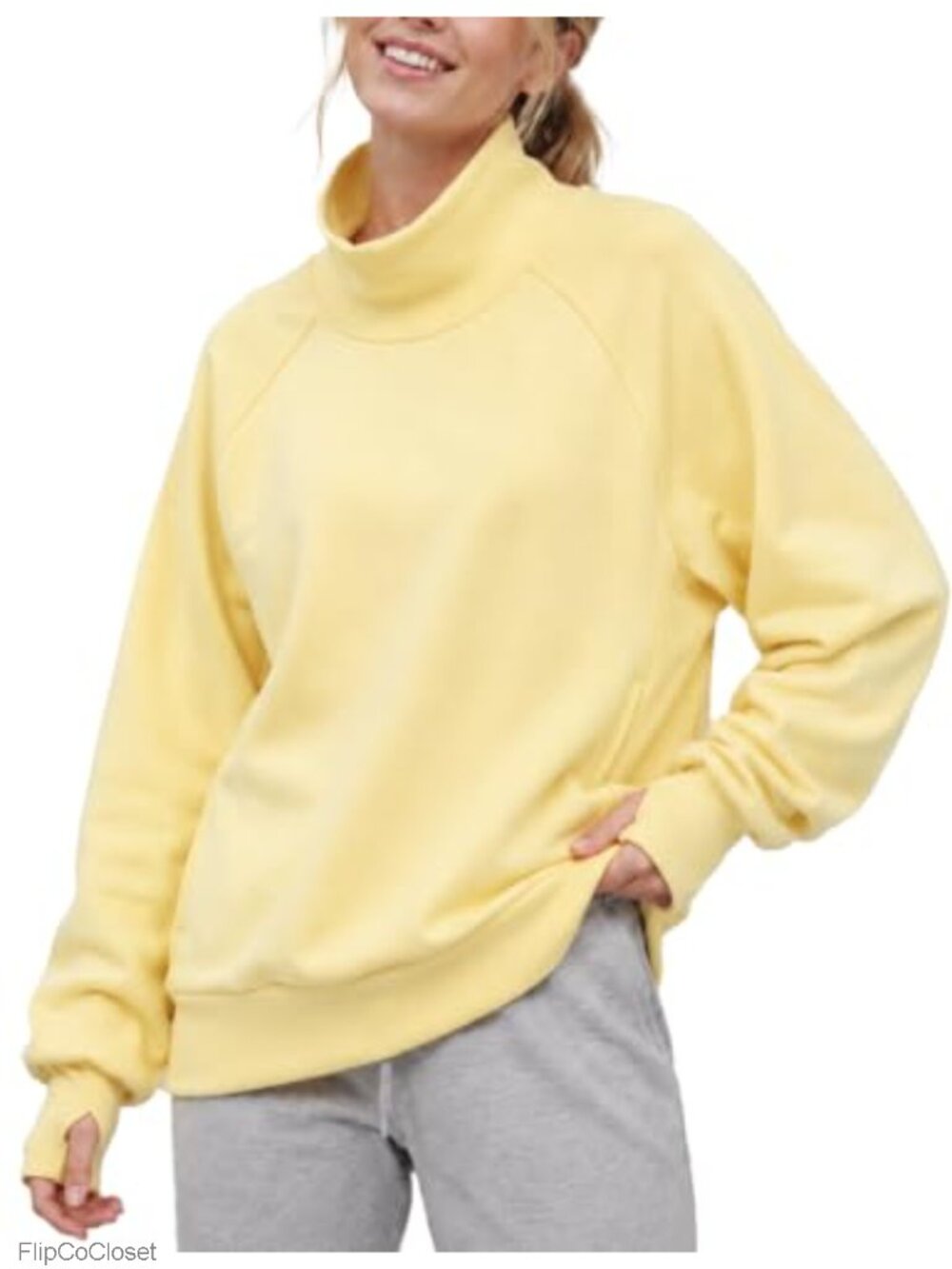 Mock Neck Fleece Lined Sweatshirt Thumbhole Pockets Loose Fit Pullover